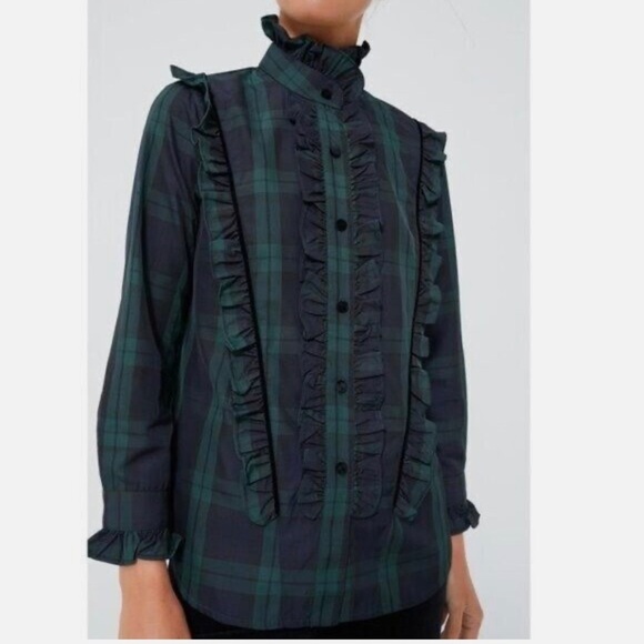 Tuckernuck Ruffle Reagan Button Down Shirt Blouse-Women’s M & L-Green/Black-NEW - Picture 2 of 15